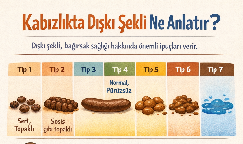 Dışkı şekli, bağırsak sağlığı hakkında önemli ipuçları verir. Tıpta yaygın olarak kullanılan Bristol Dışkı Skalası, dışkıyı yedi farklı tipe ayırarak kabızlık ve ishalin değerlendirilmesini sağlar. Sert, küçük ve topaklı dışkı (Tip 1–2) genellikle kabızlığı gösterir ve bağırsakta su emiliminin fazla olduğunu düşündürür. Bu tip dışkı, yavaş bağırsak hareketleri ve yetersiz lif alımıyla ilişkilidir. Normal kabul edilen dışkı tipi ise pürüzsüz, yumuşak ve şekillidir. Dışkı şeklindeki ani ve kalıcı değişiklikler, özellikle kanama veya kilo kaybı ile birlikteyse mutlaka hekim değerlendirmesi gerektirir. Kabızlıkta dışkı formunun düzenli takibi, tedavinin etkinliğini izlemek açısından da faydalıdır.