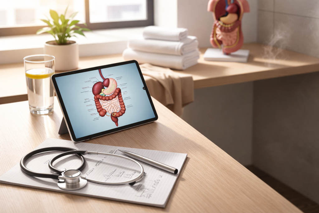 Hemoroid (Basur) Belirtileri Nelerdir? 1 Tablet ekranında sindirim sistemi anatomisi diyagramı bulunan doktor çalışma masası, bağırsak hastalıkları ve gastrointestinal sistem hakkında tıbbi bilgilendirme görseli.